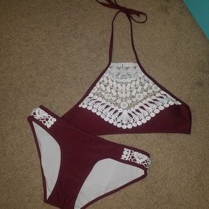 Maroon and white lace bikini